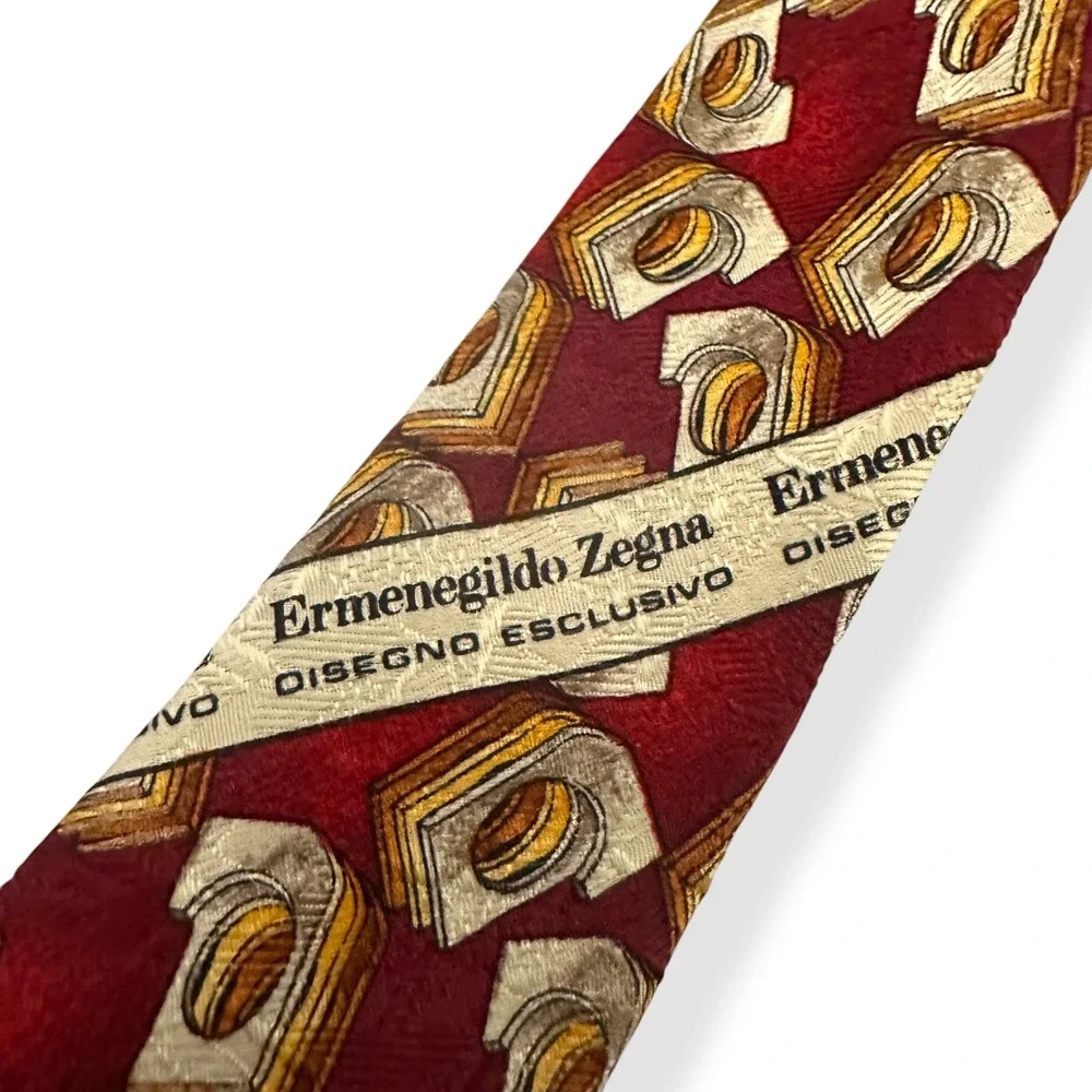 Vtg Ermenegildo Zegna Necktie Tie 100% Silk Red Geometric Abstract Luxury Men OS